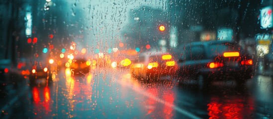 Fototapeta premium A view through a rain-streaked window of city traffic at night. Blurred city lights and car taillights are seen through the raindrops on the window.