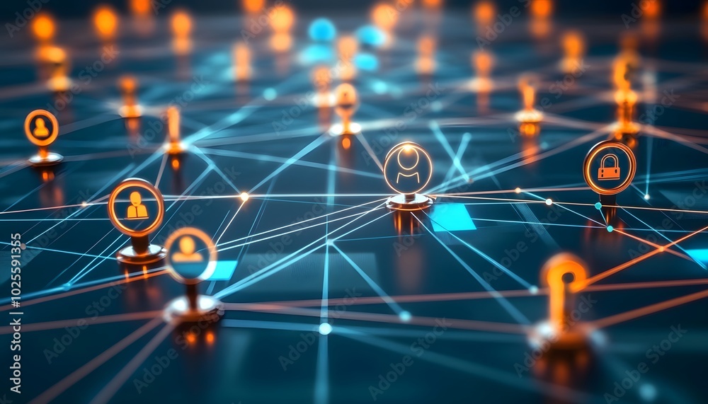 Poster abstract network connections with glowing icons, representing digital communication and data securit