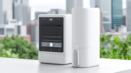 Modern Smart Kitchen Appliances on Countertop with City View