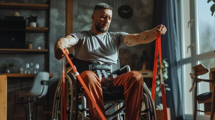 Obraz premium Man in Wheelchair Exercising with Resistance Bands