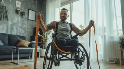 Obraz premium Man in Wheelchair Exercising with Resistance Bands
