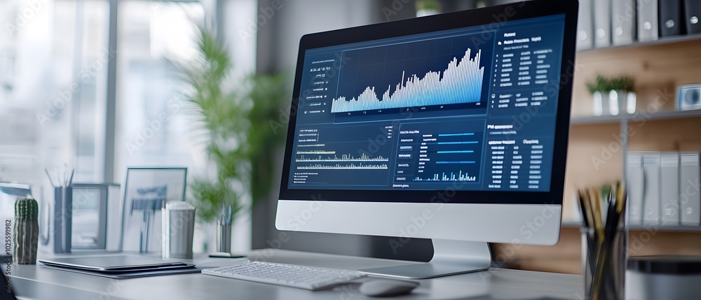Poster modern workspace featuring a computer displaying financial analytics and graphs, emphasizing product