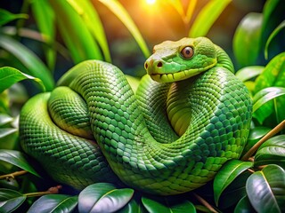 Fototapeta premium Happy Green Snake Curled Up in Lush Green Leaves - A Vibrant Nature Scene with a Joyful Serpent