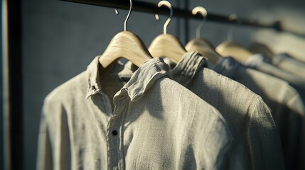 close up of neutral color clothes on hangers on a clothes rack. copy space for text.