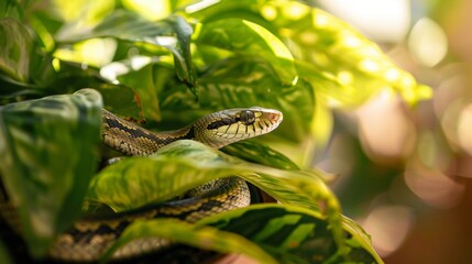 Naklejka premium Snake Coiled Around Green House Plant