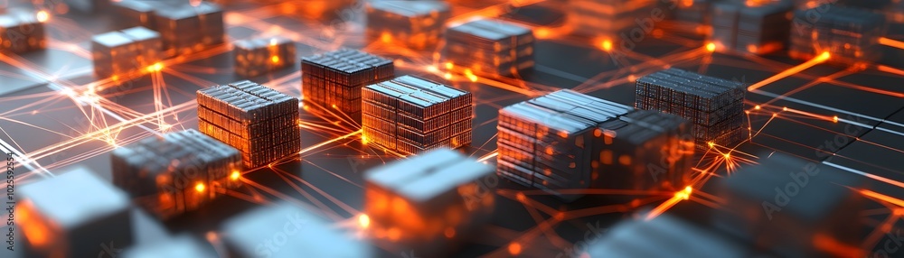 Poster abstract image of glowing circuitry with interconnected elements representing technology and innovat