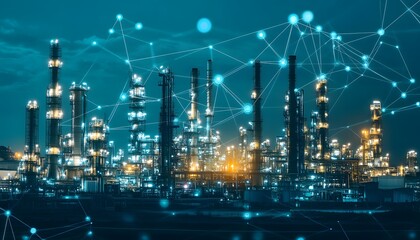 An industrial landscape showcasing oil refinery structures illuminated against a blue night sky, highlighting advanced technology.