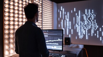 An audio specialist examines sound waves in a contemporary studio filled with sound-absorbing panels, highlighting their skill in sound engineering.