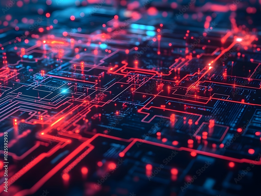 Poster abstract digital background with glowing circuit lines and nodes, creating a futuristic technology p