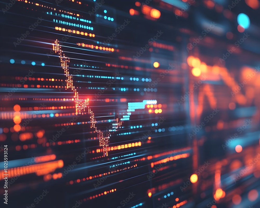 Poster Abstract digital background featuring colorful data streams and graphs, representing technology and analytics.