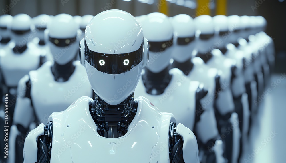 Poster a row of futuristic robots standing in formation, showcasing advanced technology and design in a mod