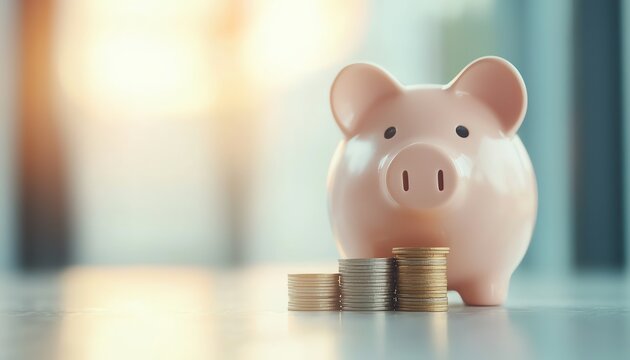 A pink piggy bank next to stacks of coins, symbolizing savings and financial growth.