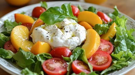 Refreshing Summer Salad with Burrata, Peaches, and Cherry Tomatoes for a Healthy Delight