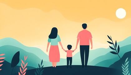 Fototapeta premium Family enjoying a beautiful sunset landscape, holding hands, surrounded by nature's beauty.