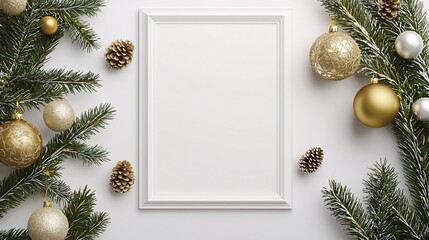 A chic and customizable holiday poster mockup adorned with elegant decorations and a sleek frame, set against a pristine white backdrop.