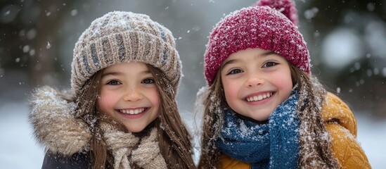 Two young girls in winter wear smiling at the camera with snow falling around them.