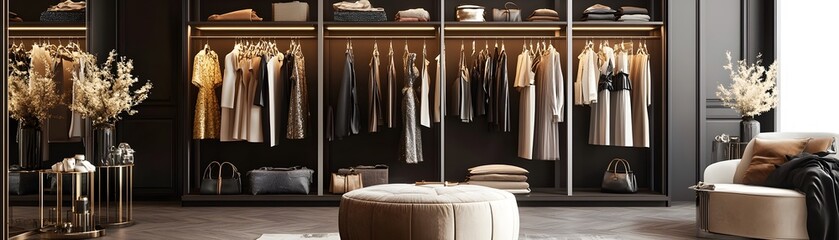 Stylish wardrobe showcasing elegant clothing in a modern home interior, highlighting organization and sophistication.