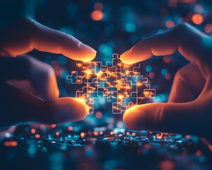 Two hands connecting glowing puzzle pieces, symbolizing creativity and innovation in a digital landscape.
