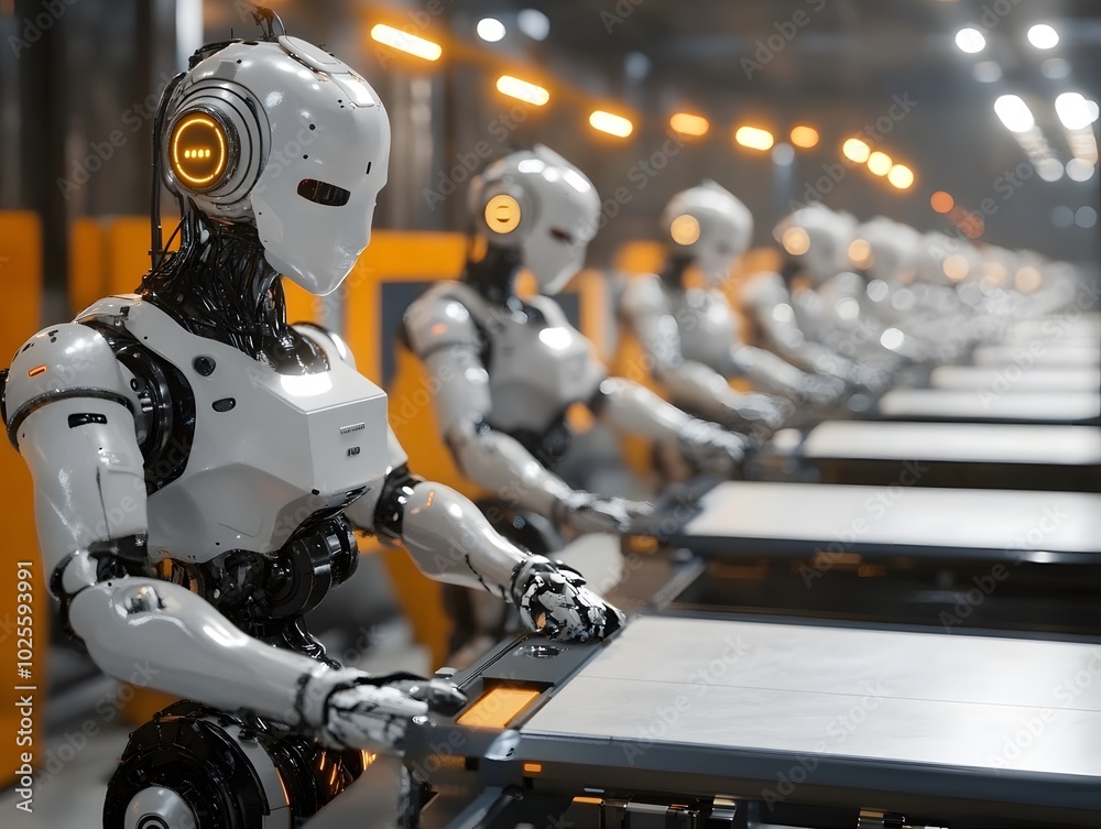 Poster futuristic robots in a high-tech factory setting, engaged in precision tasks on assembly lines, high