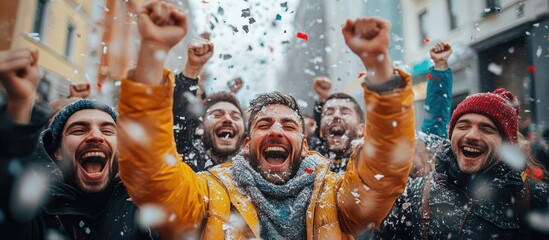 Obraz premium A group of excited young men celebrating in the street, throwing confetti in the air with their arms raised.