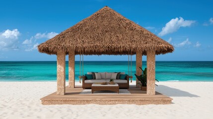 Fototapeta premium Tropical Beach Hut with Swinging Couch Ocean View Paradise Relaxation