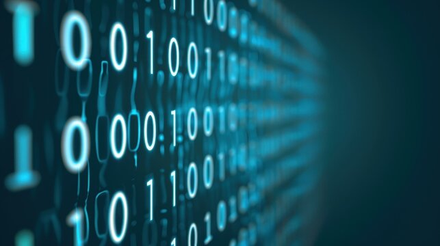 A striking digital hazard sign glows in neon blue, showcasing binary code against a dark backdrop, symbolizing cybersecurity.