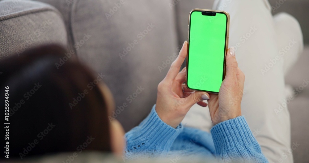 Canvas Prints Relax, green screen and woman on sofa with phone, search and online chat mockup in home. Smartphone, chromakey and girl on couch with scroll on mobile app for social media, connection and networking