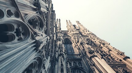 Naklejka premium Low angle view of a tall, ornate cathedral with intricate stonework and spires reaching towards a bright sky.