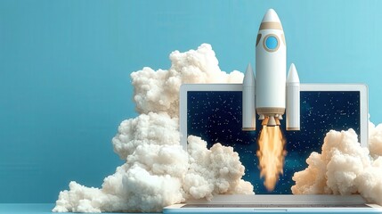 Laptop Screen Rocket Launch Startup Success Innovation Concept