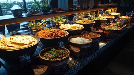Fototapeta premium Colorful buffet table with bowls of rich Indian curries, fragrant rice, naan, and parathas, ready to serve a mouthwatering Indian food feast.