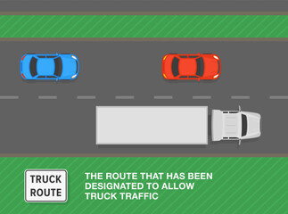 Safe driving tips and traffic regulation rules. United States "truck route" sign meaning. Top view of a traffic flow on highway. Flat vector illustration template.