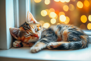 Cozy calico kitten sleeping by window with warm bokeh lights - Powered by Adobe