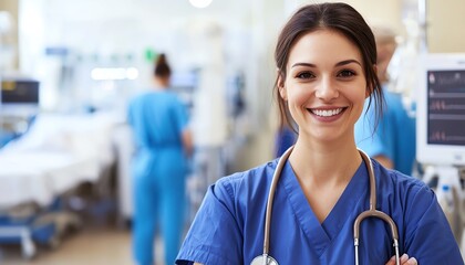 Fototapeta premium Smiling nurse in blue scrubs stands confidently in a hospital setting, showing professionalism and compassion.