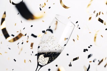 A stylish New Year's Eve poster template featuring refined typography and festive confetti, perfect for personalized event designs on a clean white backdrop.