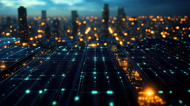 Futuristic digital cityscape with glowing lights and interconnected grid patterns at night.