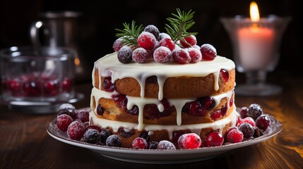 Traditional Christmas Cake with Cranberry - Festive Holiday Dessert with New Year Decorations on Vintage Wooden Table