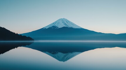 A stunning, lifelike shot of a grand mountain covered in snow, reflecting perfectly on a serene lake.