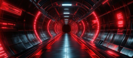 Futuristic tunnel with red neon lights and a glowing pathway.