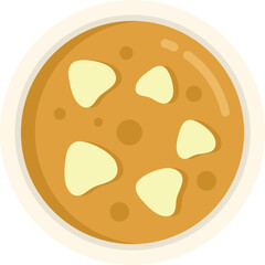 Simple vector illustration of a bowl of soup with croutons, seen from above