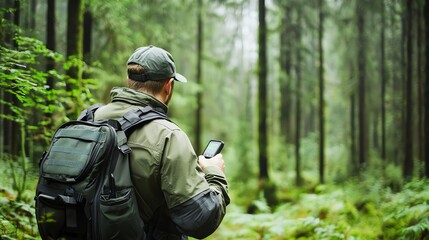A person in a forest using a smartphone, surrounded by lush greenery and tall trees, capturing the essence of nature and technology.