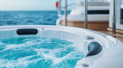 Dive into luxury with this closeup of a yachts jacuzzi, highlighting its sleek design and inviting vibe amidst a soft blur.