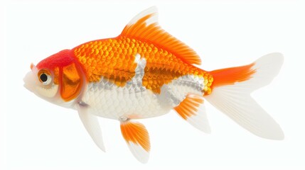Fototapeta premium A stunning goldfish sporting bright orange and white colors, set against a pure white backdrop, exuding pure elegance.