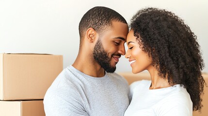 Obraz premium A couple sharing a loving moment while surrounded by moving boxes, smiling joyfully in their new home.