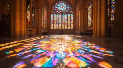 Divine light streams through a stained glass window in a tranquil church, casting vibrant patterns on the stone floor, enhancing the peaceful ambiance.