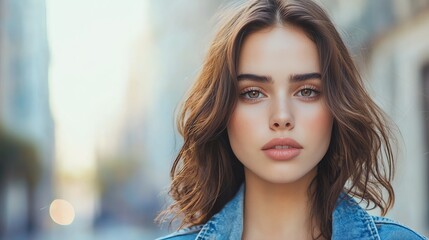 Obraz premium Close-up portrait of a young woman with beautiful eyes, dressed in denim, standing in an urban environment.