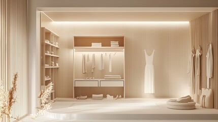 A modern and minimalist walk-in closet with built-in wooden shelves in an Ibizan villa embodies the effortless elegance of Mediterranean design.