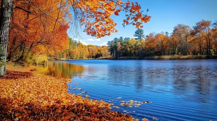 Beautiful Autumn Scenery on the Lake - a captivating and serene visual. The beautiful autumn hues and reflections on the calm lake create a charming and peaceful scene.