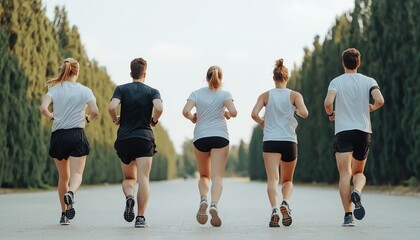 Obraz premium Group of runners jogging together along a tree-lined path, promoting fitness and teamwork.