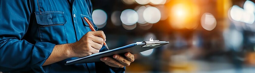 A worker in a blue uniform writing notes on a clipboard in a vibrant industrial setting.