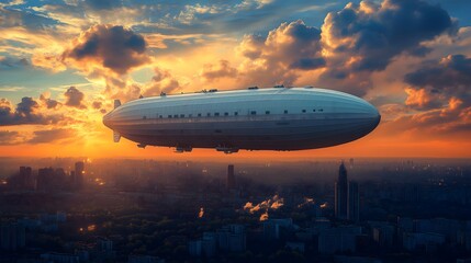 Fototapeta premium large airship floating above a city with modern buildings, under a deep blue sky with fluffy clouds